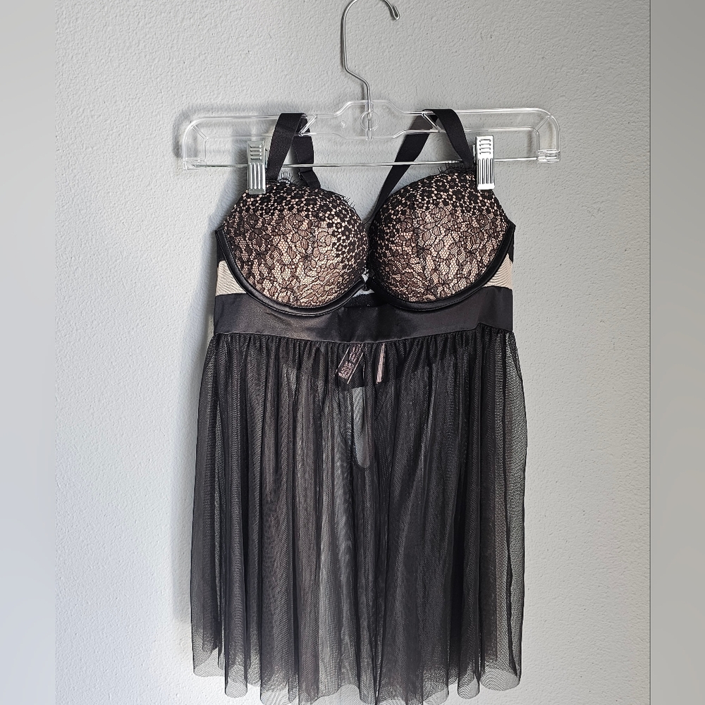 Victoria Secret Push Up Sheer Eyelash Lace Black Babydoll Lingerie NWT 34C